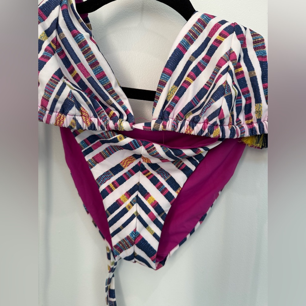 BECCA White, Navy & Magenta Striped Triangle Bikini